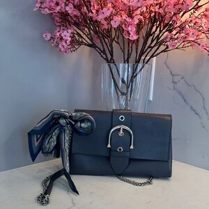 Henri Bendel Grey Leather Clutch with Scarf Detail